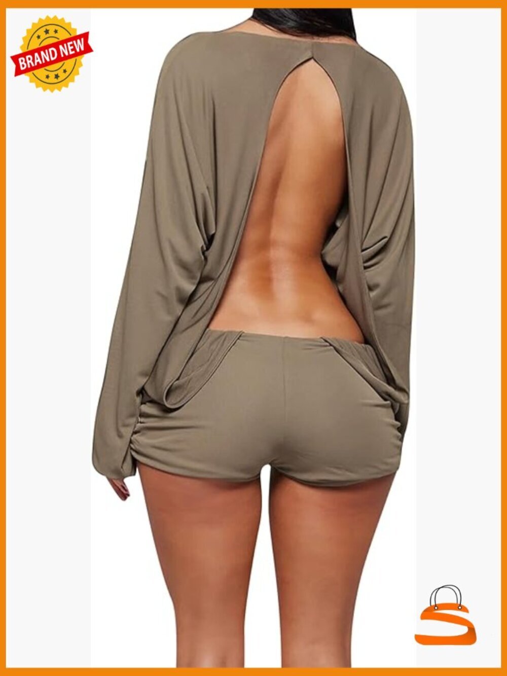Long Sleeve Open Back Romper Jumpsuit Polyester Spandex Small